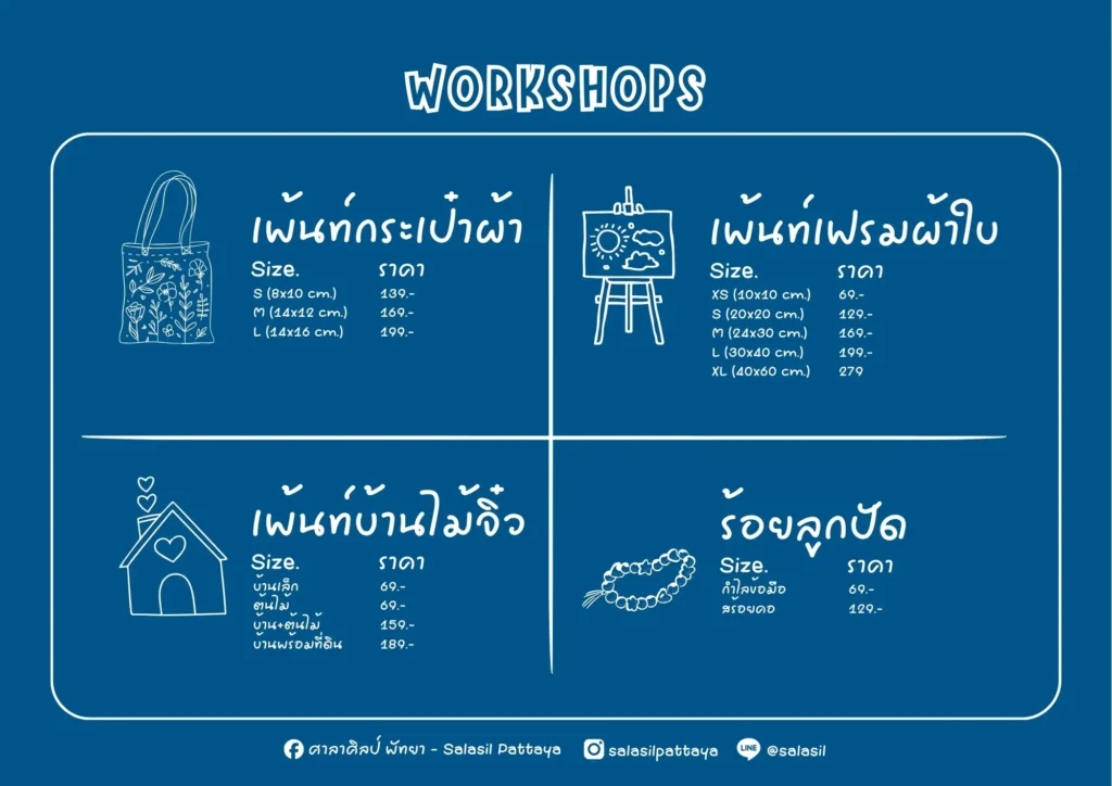 ตารางราคาเวิร์กชอป ศาลาศิลป์ พัทยา: เพ้นท์กระเป๋าผ้า Size S-L ราคา 139-199 บาท, เพ้นท์เฟรมผ้าใบ Canvas Size XS-XL ราคา 69-279 บาท, เพ้นท์บ้านไม้จิ๋ว ราคา 69-189 บาท, ร้อยลูกปัด กำไลและสร้อยคอ ราคา 69-129 บาท
